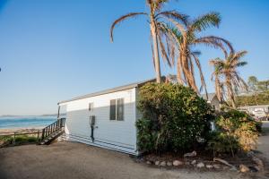 a small white house on the beach with palm trees at Tuross Beach Cabins & Campsites in Tuross Heads +78 photos