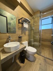 a bathroom with a toilet and a sink and a shower at Hotel Zaniah in Huancayo +48 photos