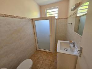 a bathroom with a toilet and a sink and a mirror at Orchidée in Capesterre-Belle-Eau