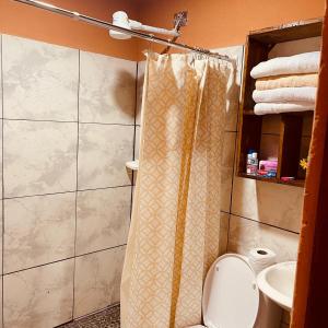 a bathroom with a shower curtain and a toilet at Macaws Villa in Ciudad Cortés +27 photos