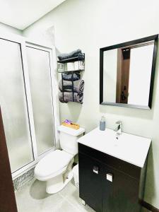a bathroom with a toilet and a sink and a mirror at Apartaments in Sandy Bay in Sandy Bay
