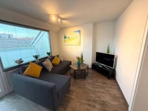 a living room with a couch and a television at Über den Dächern Kemptens mit Panoramablick in Kempten