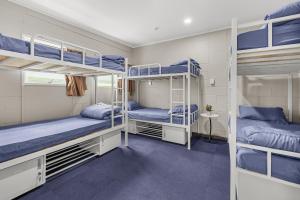 a room with three bunk beds in a house at FlyingPig Backpacker Rotorua in Rotorua
