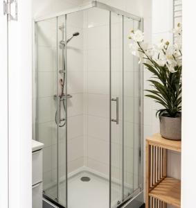 a shower with a glass enclosure in a bathroom at Spacious Family Stay Eindhoven, Garden & Kitchen in Eindhoven +29 photos