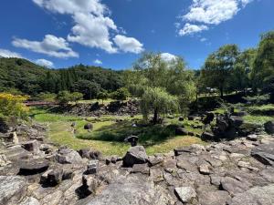a pile of rocks in a field with trees and a train at Blue Art Satoyama Retreat in Ōasa
