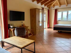 a room with a bedroom with a desk and a tv at Hotel Garni Möwe in Tutzing