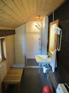 uma casa de banho com um lavatório e um chuveiro em Hostel Rotschuo Jugend- und Familienferien em Gersau