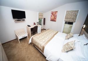 1 dormitorio con 1 cama, escritorio y TV en Iberia Didube en Tiflis