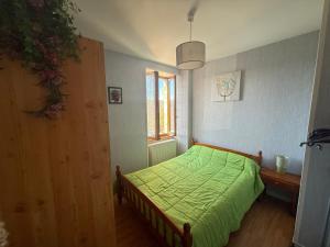 a bedroom with a green bed and a window at gite de Sauviat 25 chemin du grand Pacher le bourg de Sauviat 63120 in Sauviat