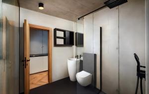 a bathroom with a white toilet and a window at Tatry Premium Apartment - PRIVATE Parking in Kežmarok