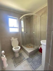 a bathroom with a shower and a toilet and a sink at Zambata Self Catering in Gqeberha +19 photos