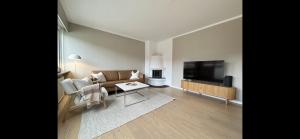 a living room with a couch and a tv at Apartment Bergen Central - private balcony in Bergen