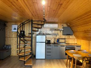 a kitchen with a white refrigerator and a wooden ceiling at SilenT Hill Cottage in Gant'iadi
