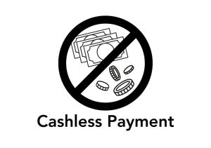 a sign for a cashless payment with pills in a black circle at HOTEL TAVINOS Kyoto in Kyoto