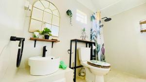 a bathroom with a toilet and a sink at Modern House with Pool in Grand-Baie +8 photos