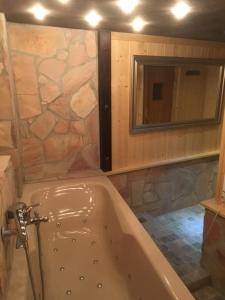 eine Badewanne im Bad mit einer Steinmauer in der Unterkunft Chez Plaschy in Salgesch