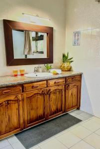 a bathroom with a sink and a mirror at Jardin Marron in Baie Sainte Anne +74 photos