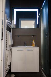 a bathroom with a white sink and a mirror at Apartments Petrova170 in Zagreb