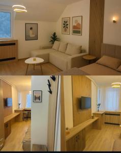 two pictures of a living room and a bedroom at Apartman48Brzeće in Brzeće