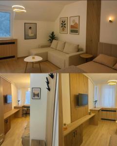 two pictures of a living room and a bedroom at Apartman48Brzeće in Brzeće