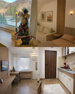 two pictures of a kitchen and a living room at Apartman48Brzeće in Brzeće +7 photos