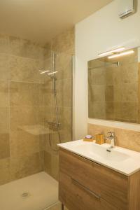 a bathroom with a sink and a shower at le clos de la monne in Saint-Amant-Tallende