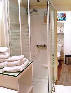 a bathroom with a shower with towels on a counter at L'Écrin Appart in Villedieu-les-Poêles +43 photos
