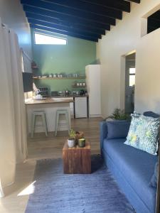 a living room with a blue couch and a kitchen at SealPoint Studio in Cape St Francis