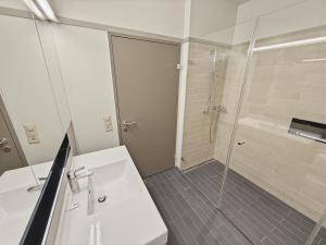 a bathroom with a shower and a white sink at Comfortable 1BR flat at great location - Baron 44 in Zurich