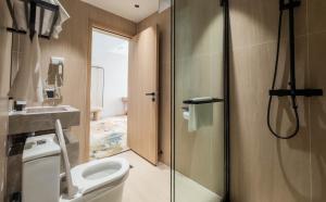a bathroom with a toilet and a shower at Green gobi hotel in Dalandzadgad
