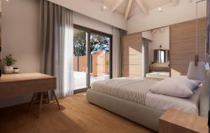 a bedroom with a large bed and a desk at Villa Morena in Kypseli