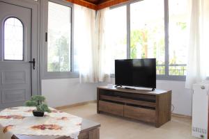 a living room with a flat screen tv on a wooden stand at Komninos' Traditional House in Artemida