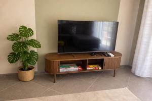 a flat screen tv on a wooden stand with a plant at Fresh SPA Relax Velingrad in Velingrad