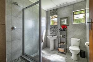 ein Badezimmer mit Dusche, Toilette und Waschbecken in der Unterkunft Khanyeni in Himeville + 81 Fotos
