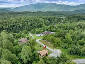 an aerial view of a house in the middle of a forest at Holy Smokes in Townsend