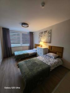 a bedroom with two beds and a dresser in it at D20 apartamentai in Mažeikiai