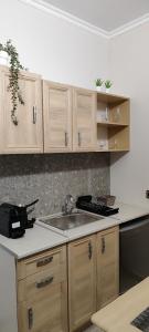 a kitchen with wooden cabinets and a sink at abpikermistudios3 in Pikérmion +8 photos