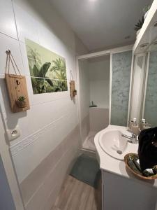 a white bathroom with a sink and a mirror at Gîte de l horloge in Déols +5 photos