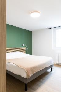 a bedroom with a bed and a green wall at Logements quartier historique de Tours in Tours