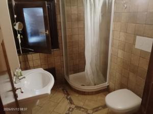 a bathroom with a sink and a toilet and a shower at Villa Amalia - mansarda B&B in Cinisi