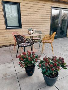 a patio with three chairs and a table and flowers at B&B 't Herfter Erf in Zwolle