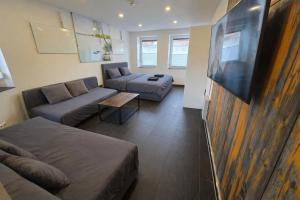 a living room with a couch and a flat screen tv at Ferienwohnung NR2 in Großräschen