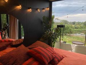 a bedroom with a bed and a large window at Domy w ogrodzie - Riverfront cabins in Poznań +42 photos