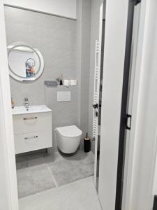 a bathroom with a white toilet and a mirror at Mountain View Studio in Piatra Neamţ +7 photos