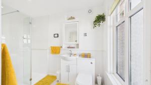 a white bathroom with a sink and a shower at Room with a View at Anchor Down Cottage in Ryde
