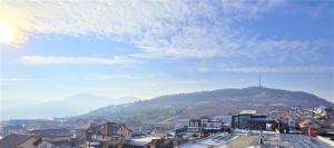 a view of a city with a mountain in the background at Mountain View Studio in Piatra Neamţ