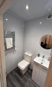 a bathroom with a white toilet and a sink at The Stags Den in Longton