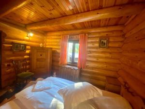a bedroom with a bed in a log cabin at Cabana vânătorului in Râşnov