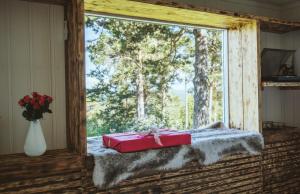 a red box sitting on a blanket in front of a window at Mountain & Lake Haven & Close to Oslo in Stange