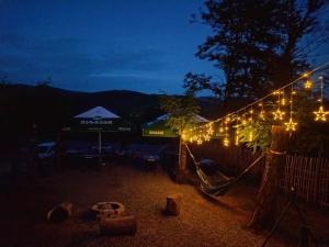 a string of lights on a fence at night at Campsite under two oaks in Itʼkhvisi